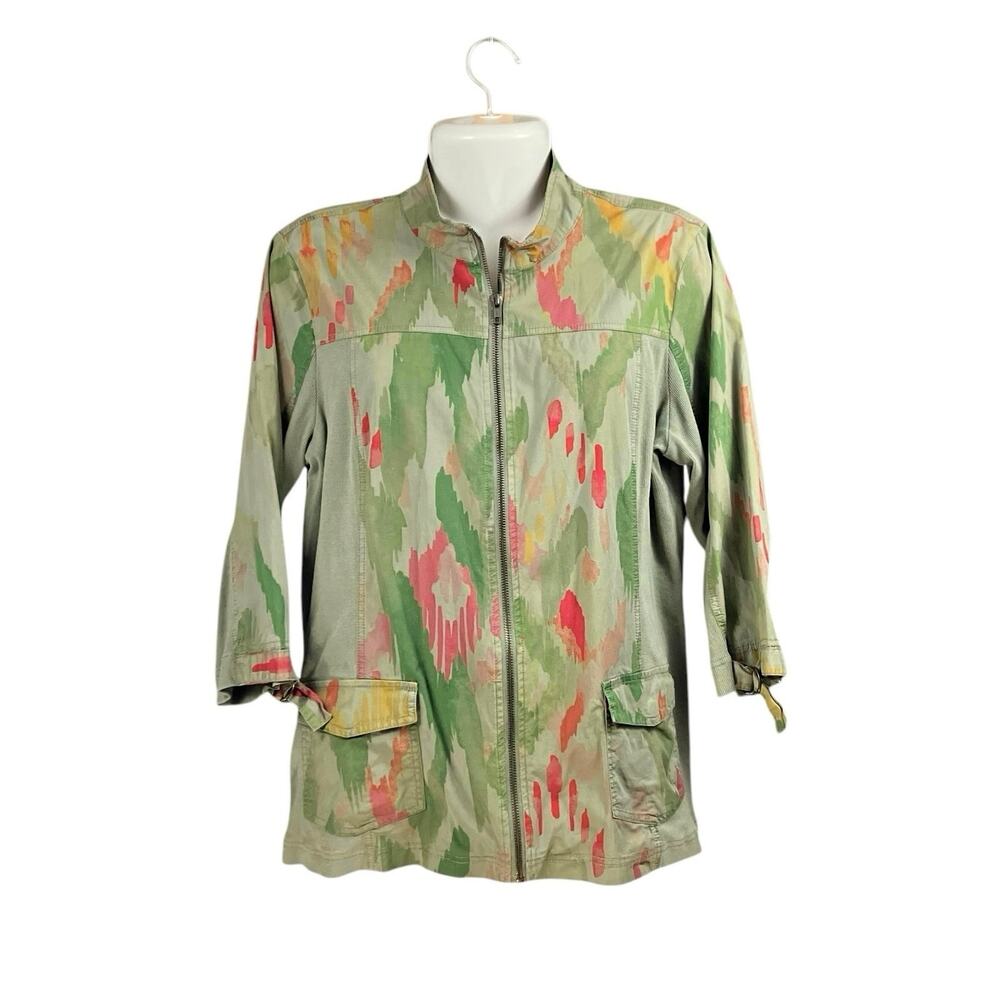 Chico's Zenergy Women's Green Abstract Full Zip Roll Slv Pocket Jacket SZ 2 US L